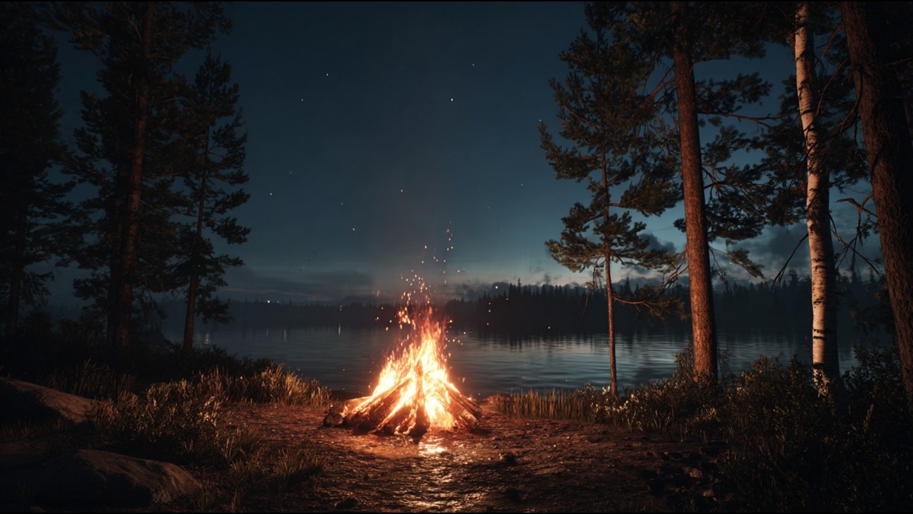 10 HOURS Nordic Campfire in the Forest 🔥 Peaceful Lake Night Sounds