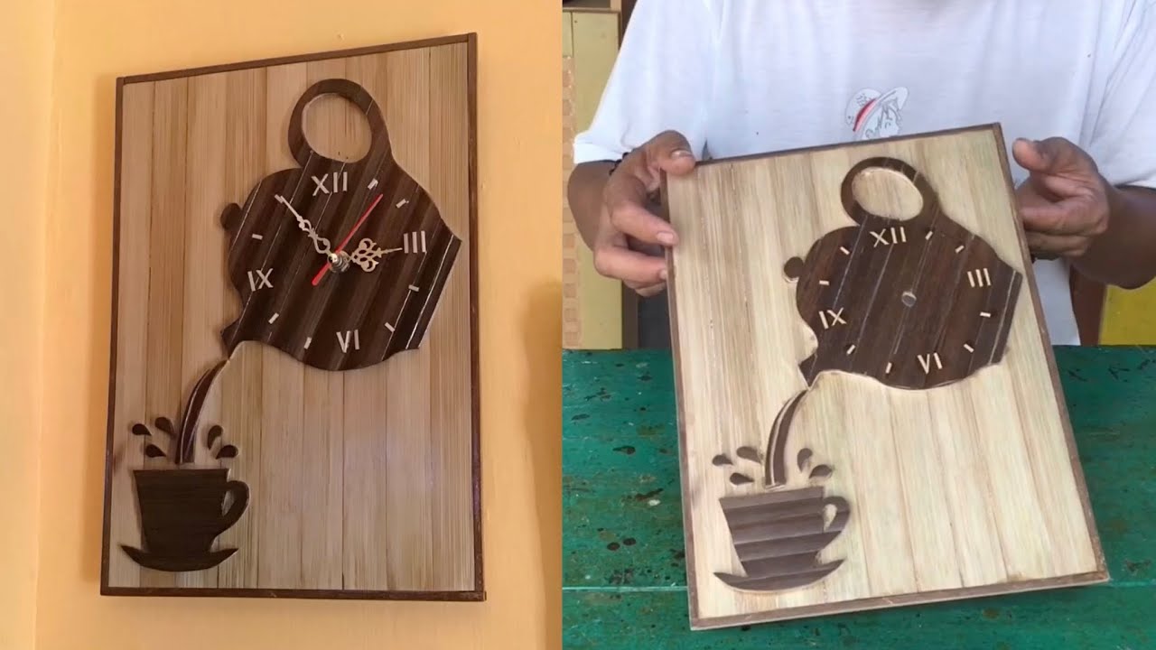Jam Dinding Model Teko dan Cangkir Kopi bahan dari Bambu Dekorasi Dapur Rumah