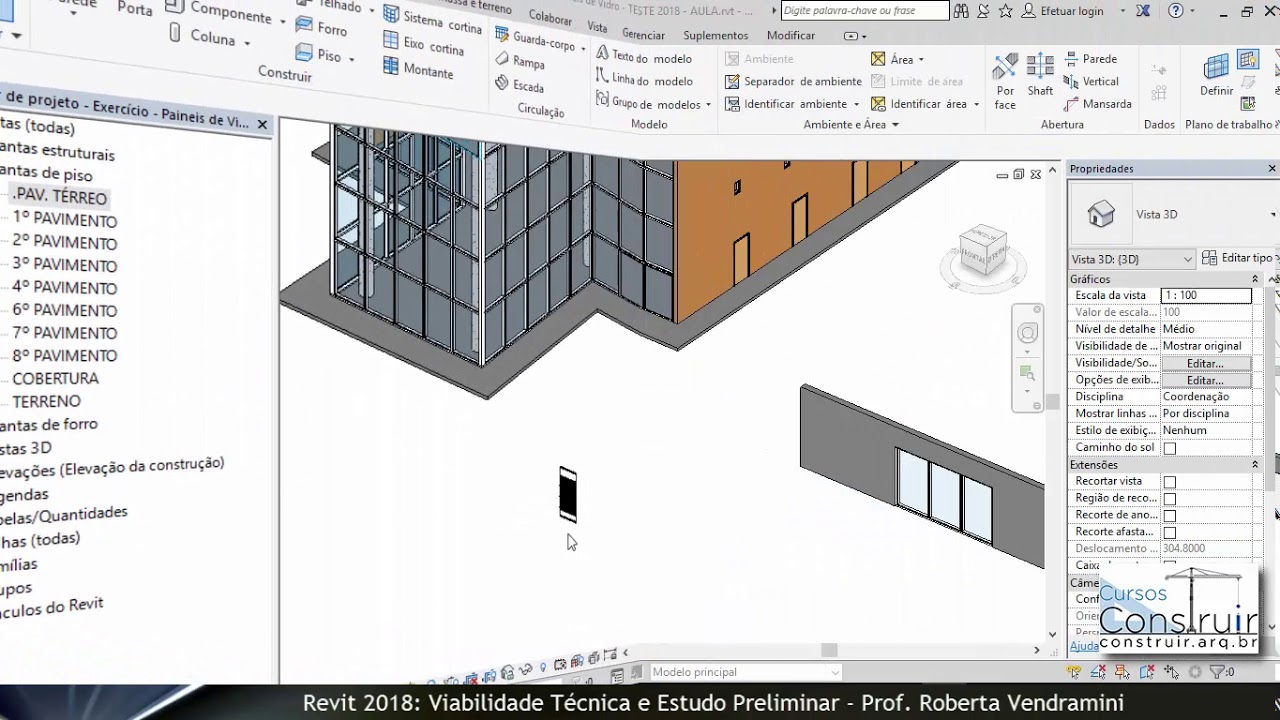 REVIT Viabilidade Aula 4.7: Criando parede cortina embutida (painel de vidro)