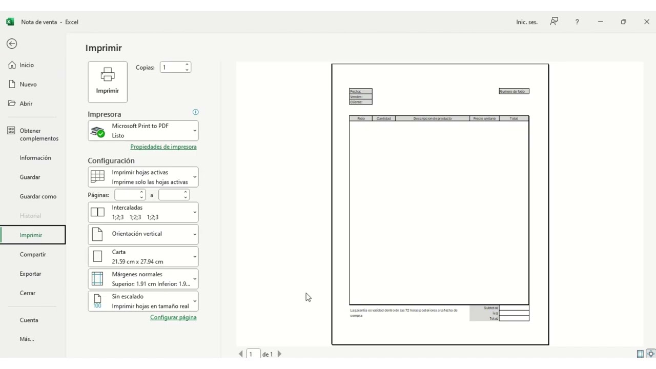 Clases De Excel 1 (Nota De Venta Formato)