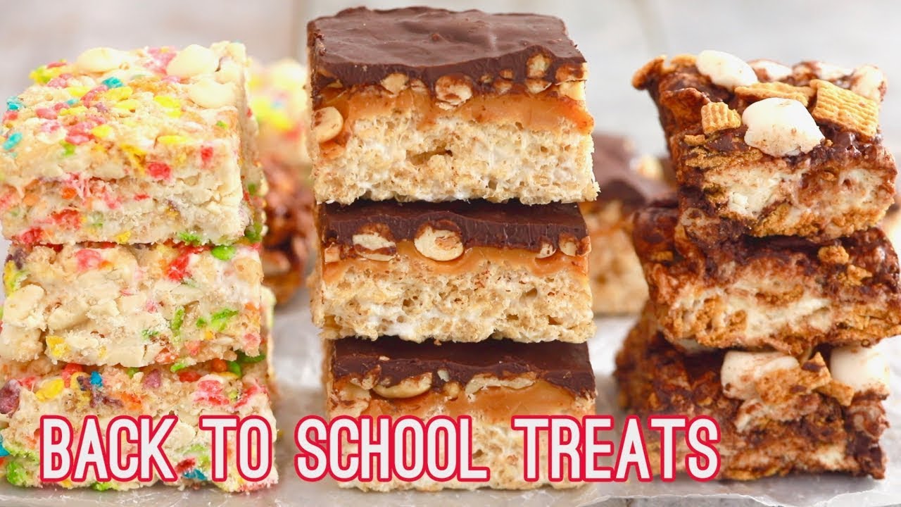 3 No-Bake Rice Krispies Treats: Snicker's, S'mores & Funfetti (Back to School Snacks)