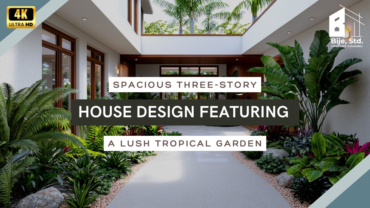 Spacious Three-Story House Design Featuring a Lush Tropical Garden