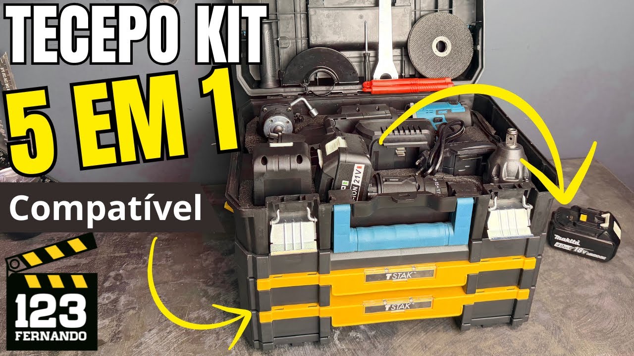KIT 5 em 1 TECEPO COMPATÍVEL C/ BATERIAS MAKITA E MALETA TSTAK DEWALT