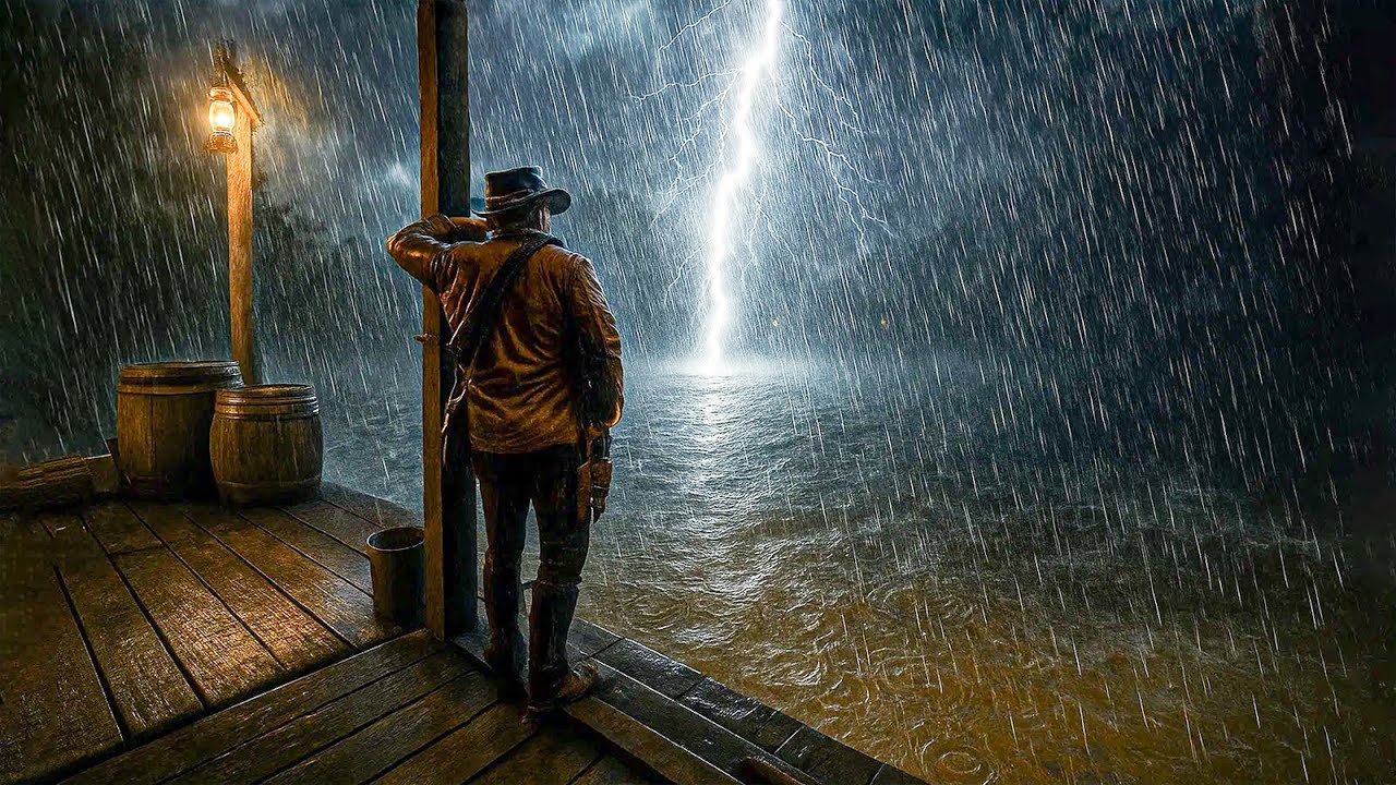 Watching a Relaxing night-time thunderstorm from a Porch  | RDR2 ASMR