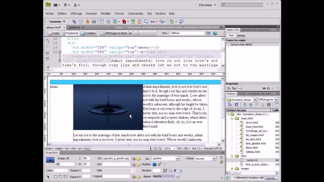 Formation Dreamweaver -10- Cr&eacute;ation de Tableau dans une page HTML