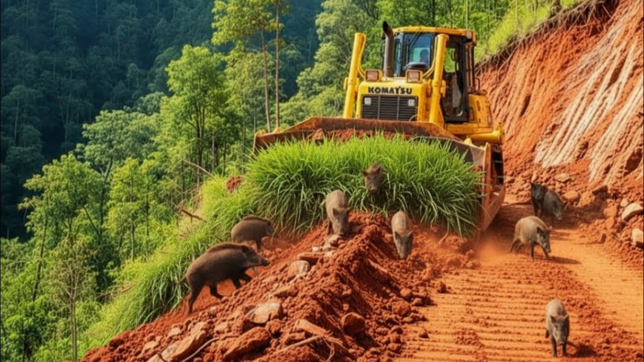 Dangerous Bulldozer Work Pushing Through Forest on a Steep Mountain