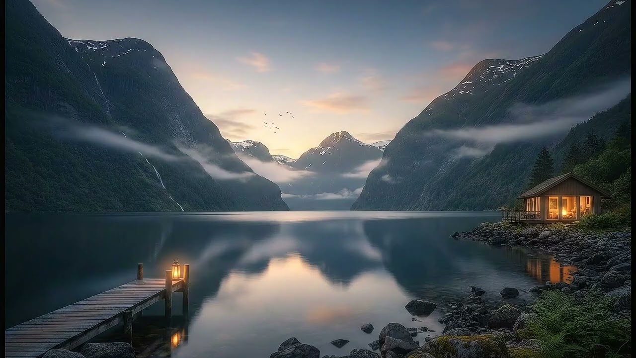 4K Fjord Cabin at Sunset | Cozy Mountain Ambience (3 Hours)