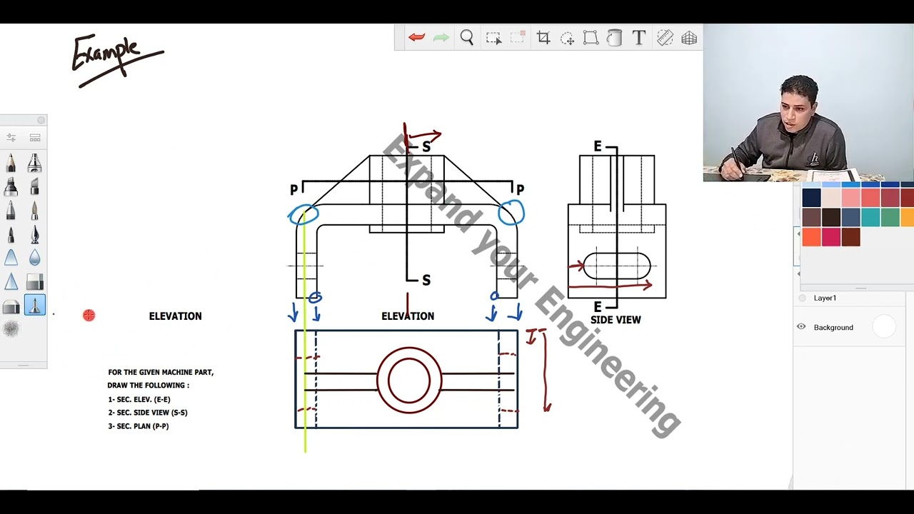 شرح مثال على القطاعات و التهشير (1) | Solved example on sections and Hatching (1)