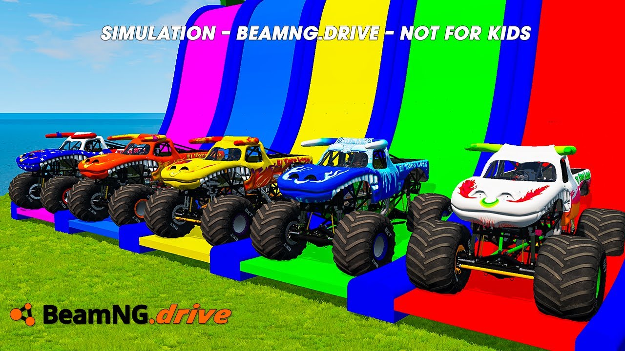 5 MONSTER TRUCKS vs GIANT COLOR WATER SLIDE 