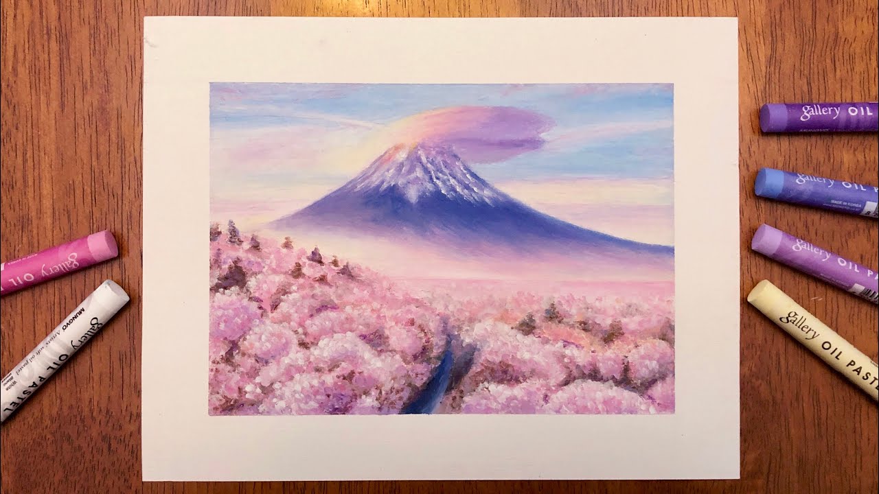 Oil Pastel Painting 05 | Mount Fuji and Cherry Blossom - easy drawing step by step