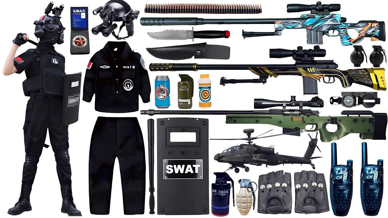 Special Forces military toy gun set unboxing, AWM sniper rifle, SCAR assault rifle, tactical helmet