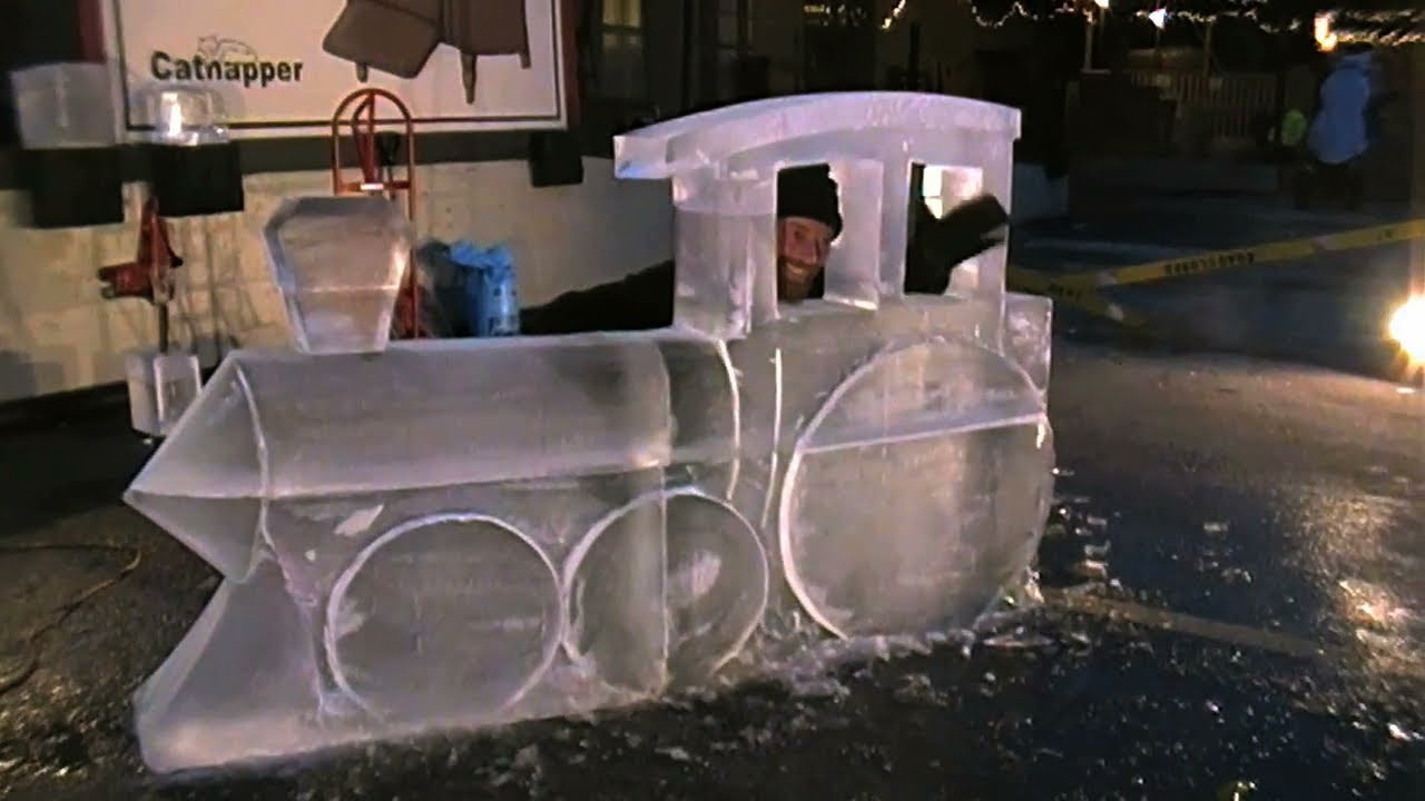 Train Ice Sculpture Carved with a Chainsaw