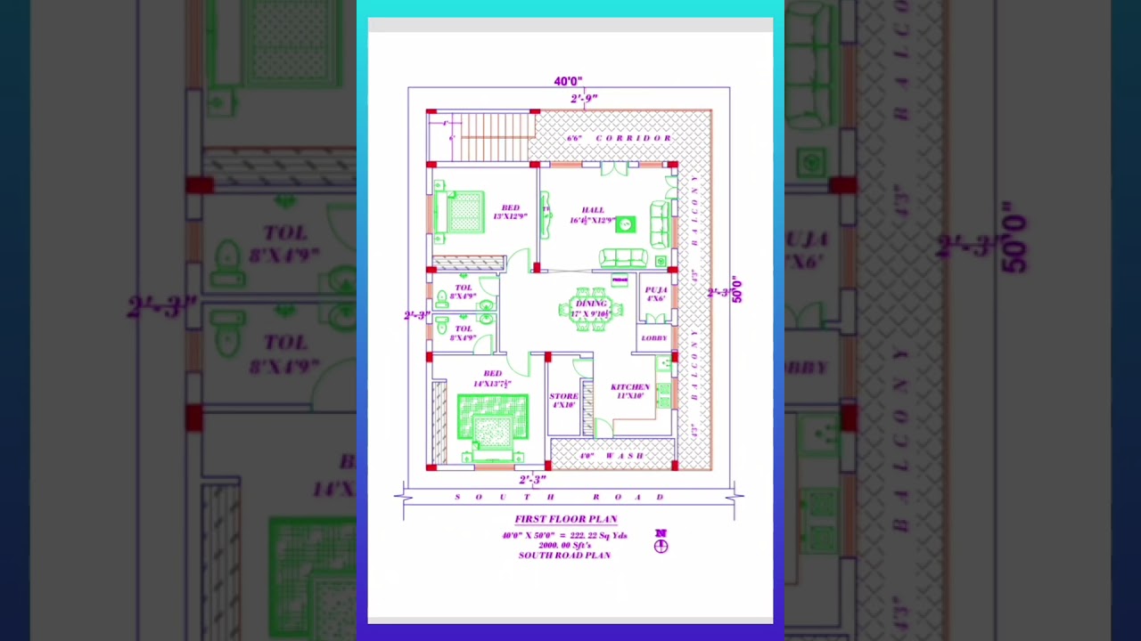 south facing house plan 2BHK for vastu  222.22 Sq Yds