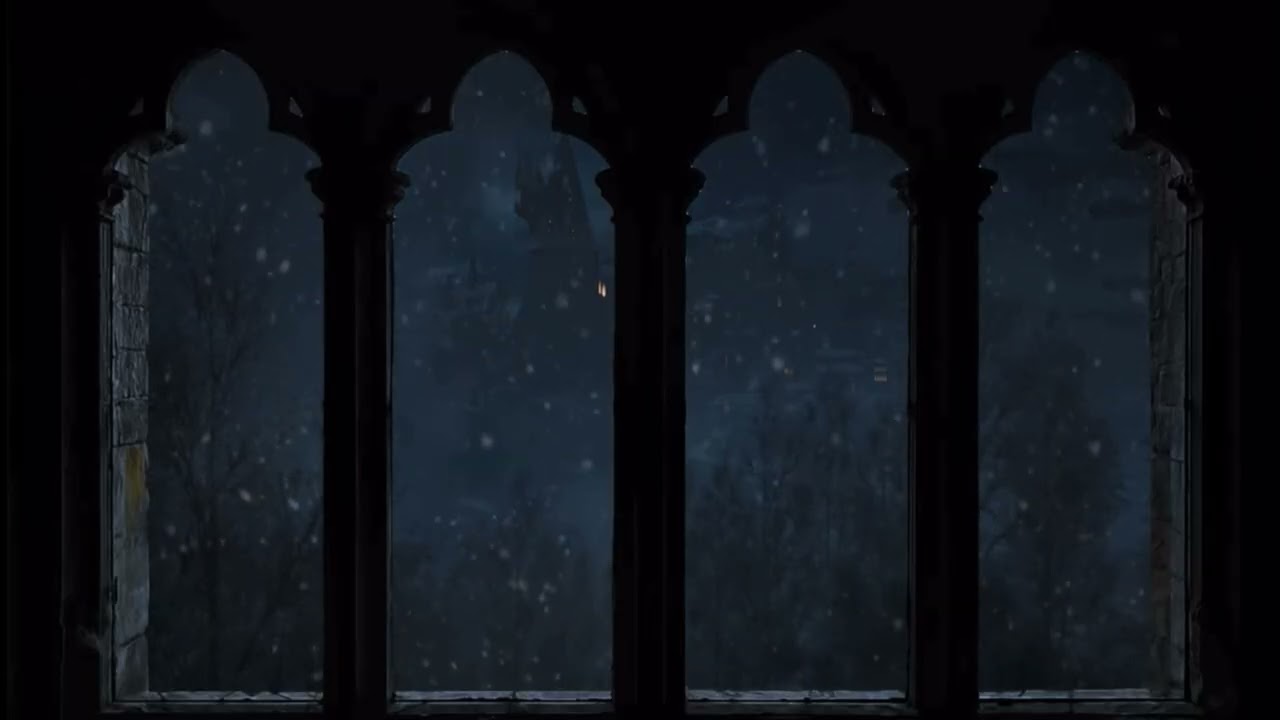 4K Harry Potter Winter Window View - Hogwarts ( golden brown - slowed)