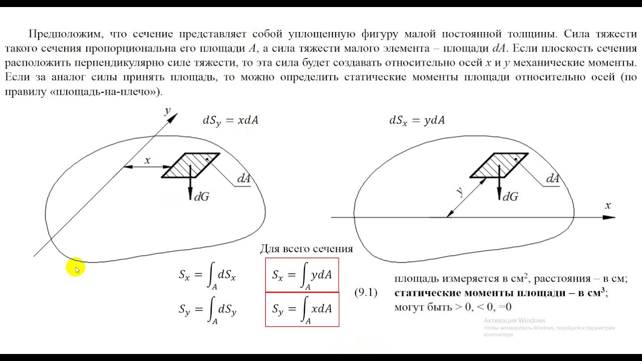 9.1. Геометрические характеристики плоских сечений.  Общие сведения.  Статический момент площади