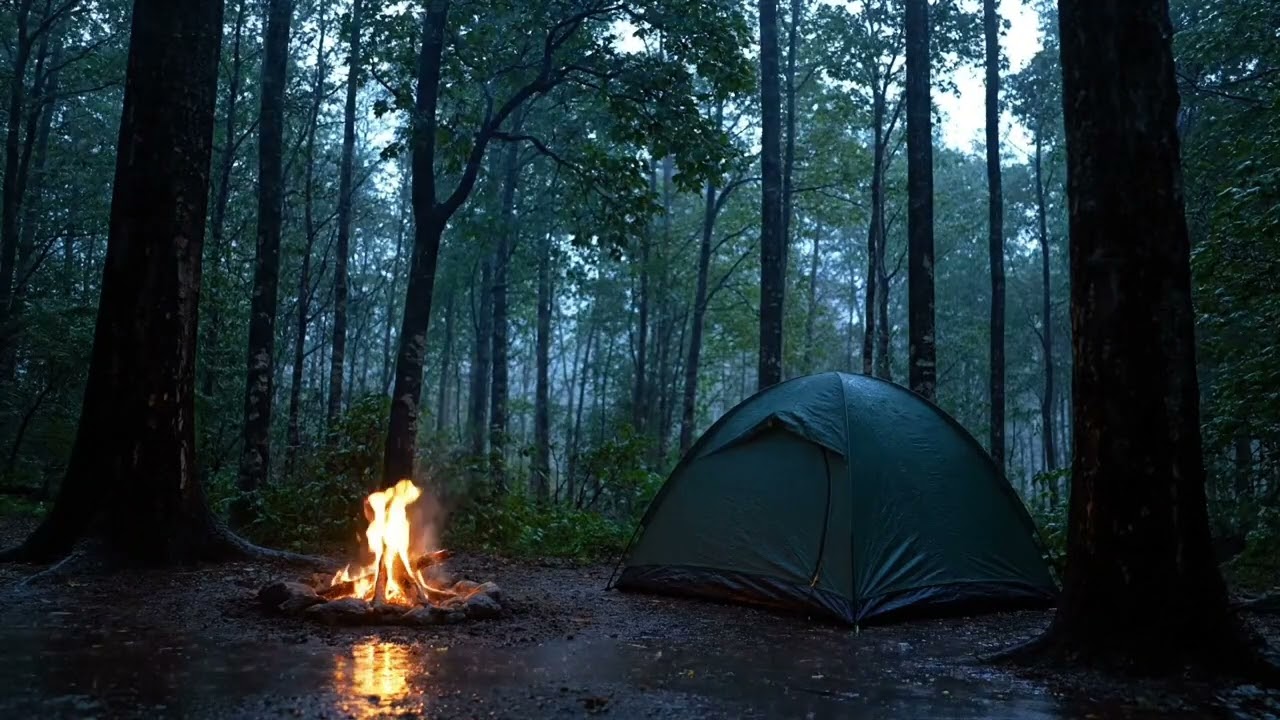 Heavy Rain on Forest Canopy Above a Cozy Campfire Tent with Warm Night Ambience for Deep Sleep