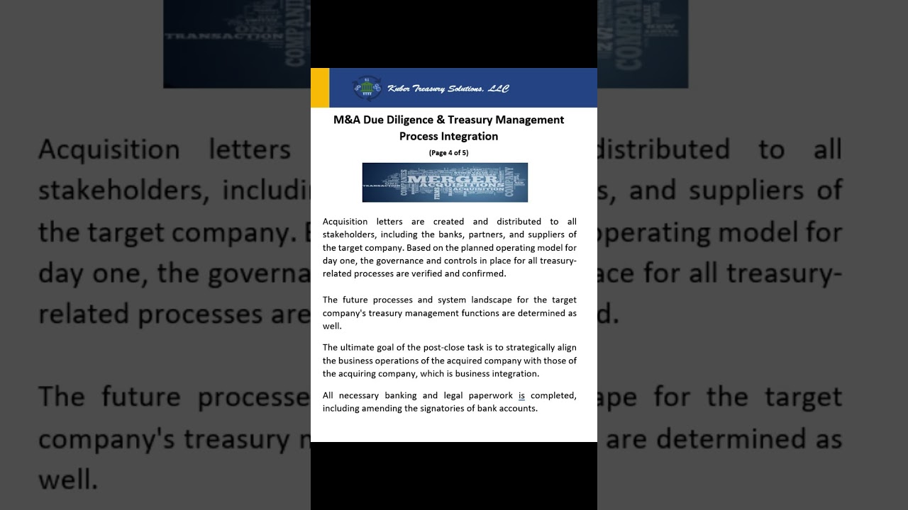 Video 4 of 5 On an Overview of M&A Due Diligence & Treasury Management Process Integration