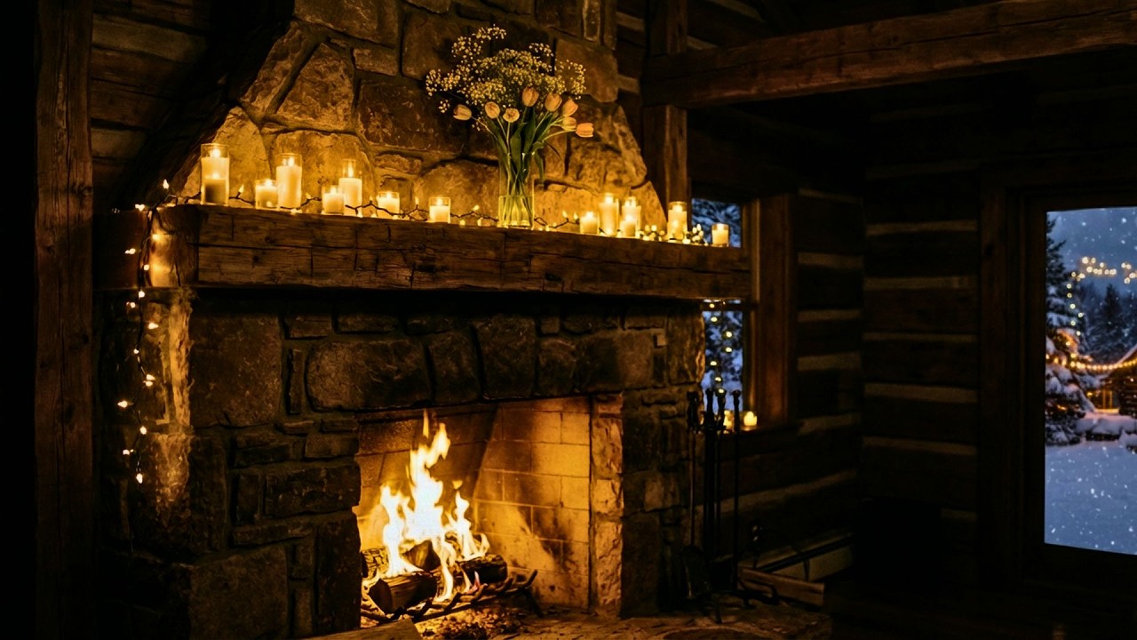 Warm Log Cabin Fireplace at Night ❄️ Cozy Crackling Fire for Peaceful Sleep