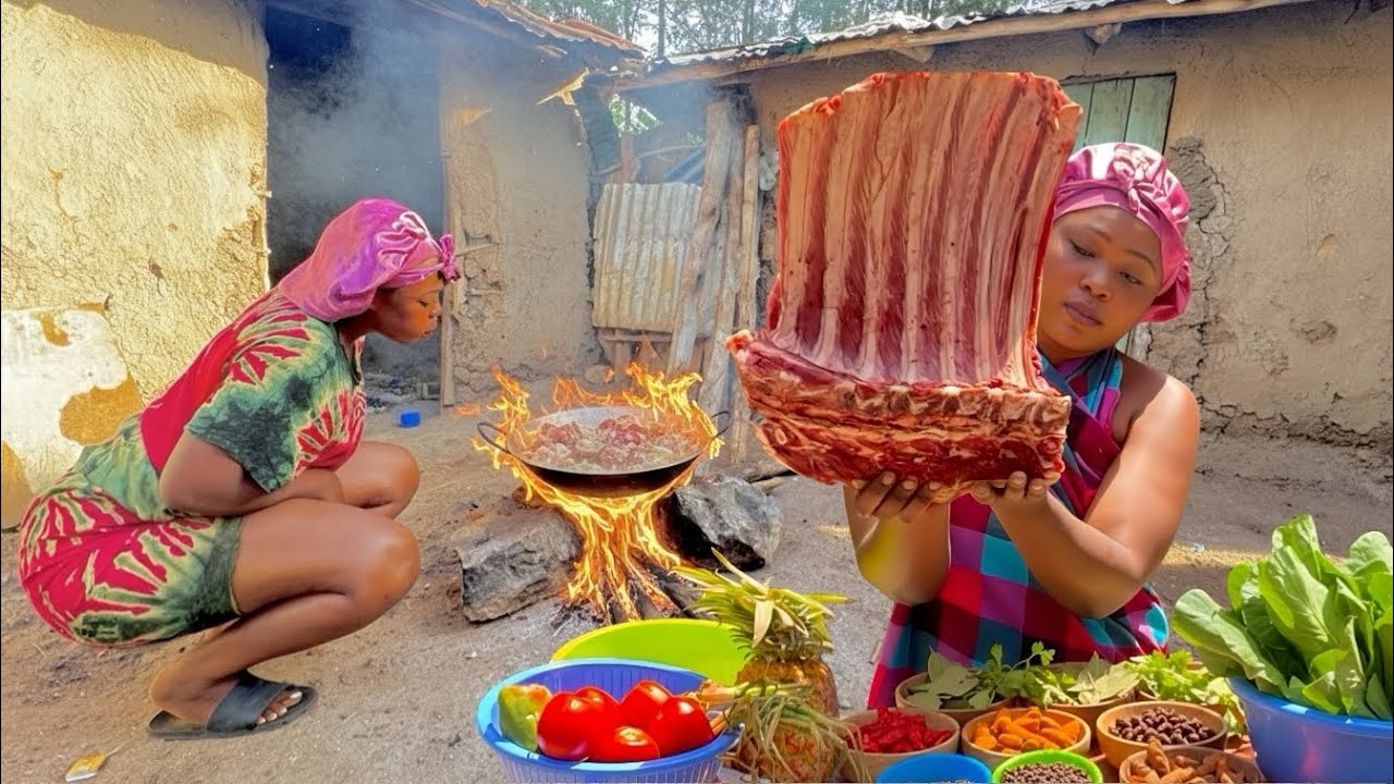 Giant Beef Rib cooked to Perfection! African village cooking#millionviews #villagecooking 