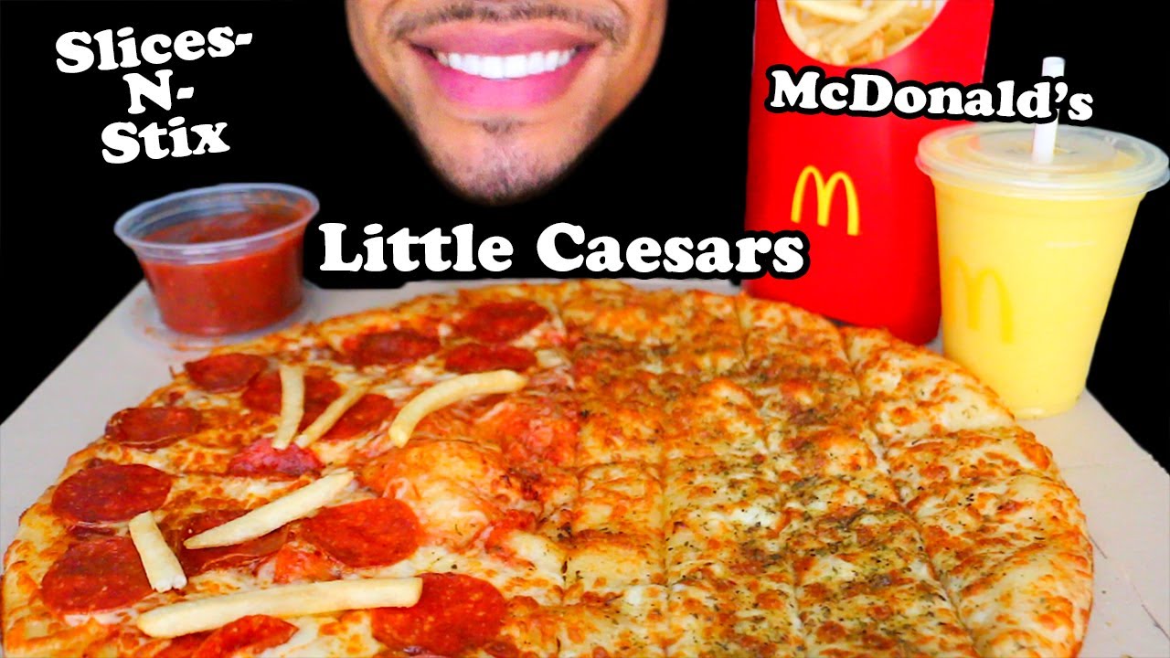 ASMR LITTLE CAESARS SLICES-N-STIX PIZZA MCDONALD'S FRIES SMOOTHIE MUKBANG JERRY