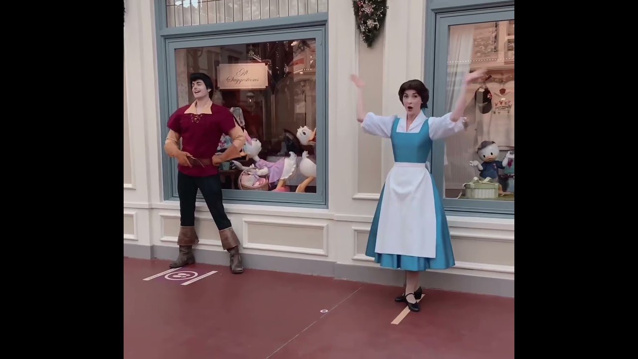 Belle and Gaston Greeting guests at Tokyo Disneyland during COVID-19