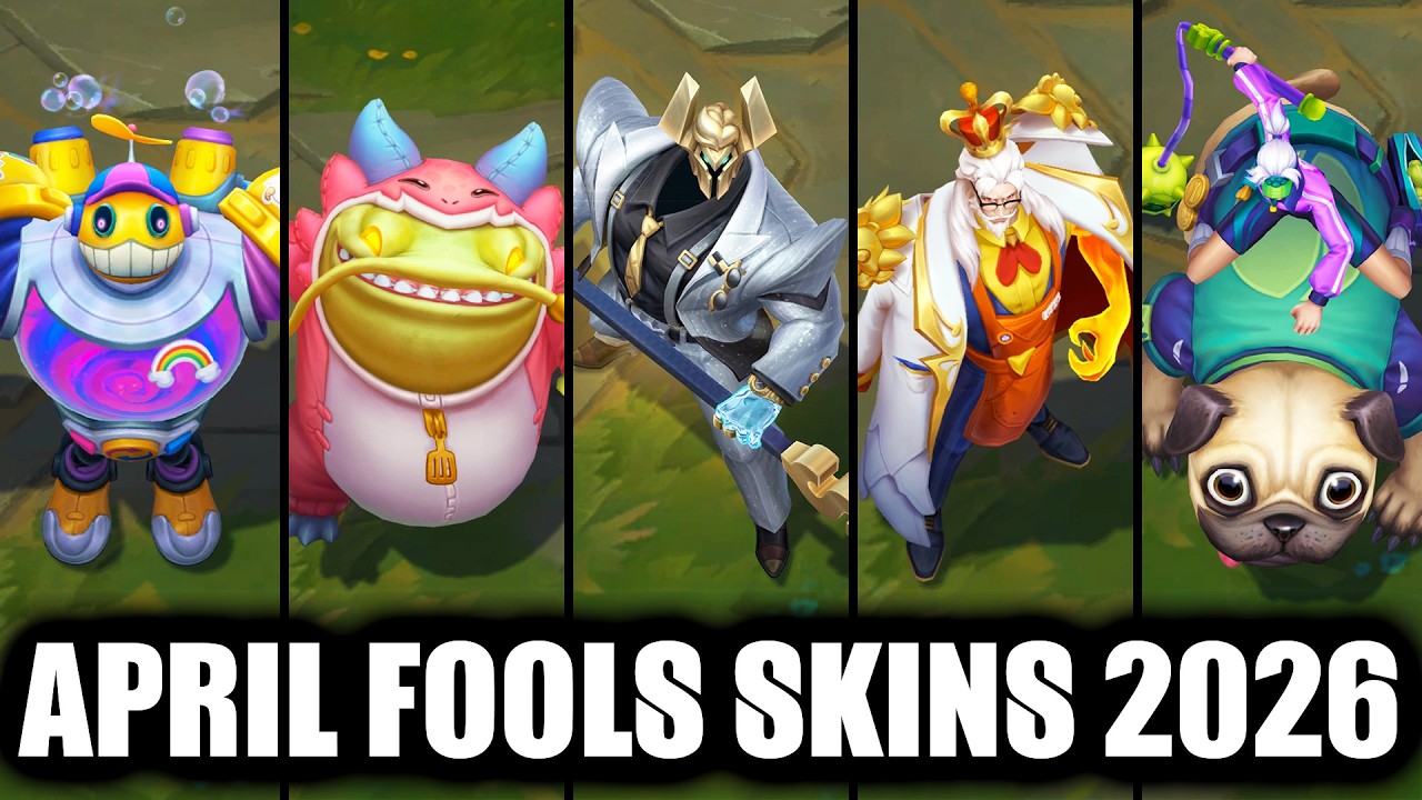 All New April Fools 2026 Skins Spotlight Mordekaiser, Swain, Tahm Kench, Sejuani, Blitzcrank & Vex