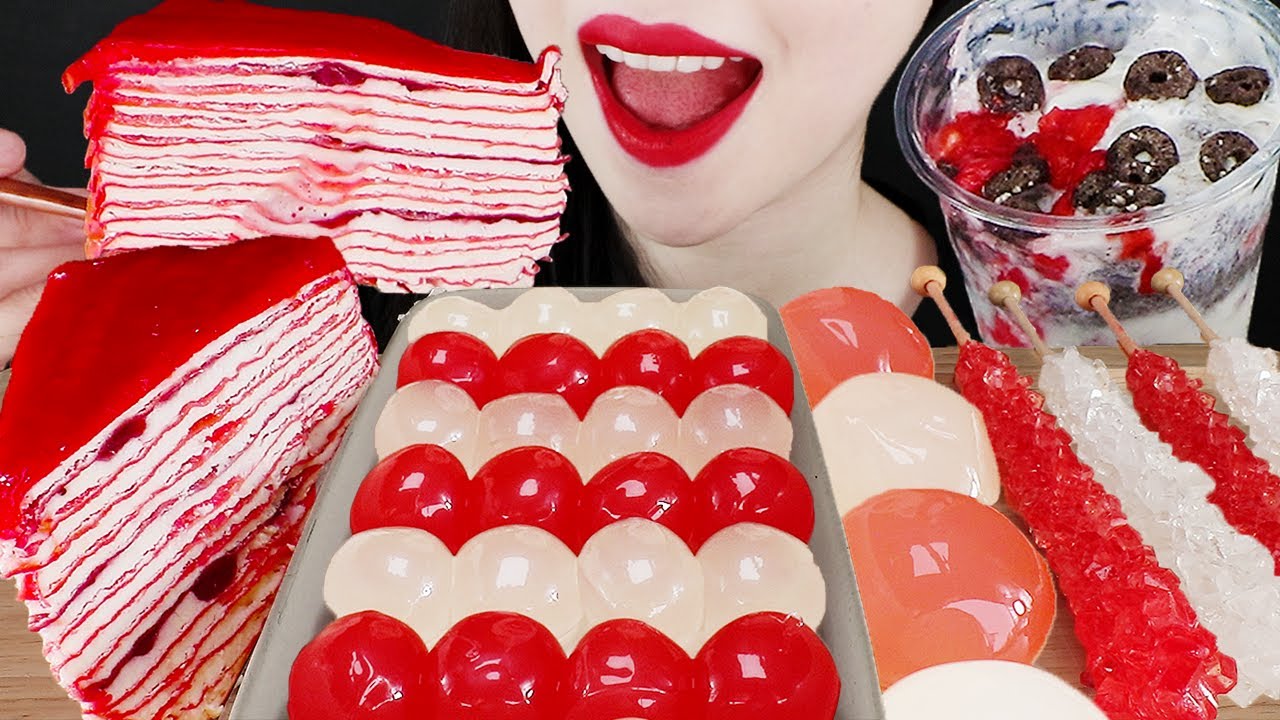 ASMR RED FOODS KYOHO JELLY & CAKE & POPPING BOBA & CANDY & NANA EATING SOUND