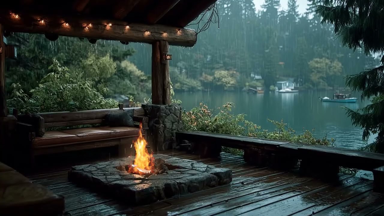 Rainy Lake Balcony with Crackling Fireplace 🌧🔥 (No Ads) Sleep Better & Deep Relaxation