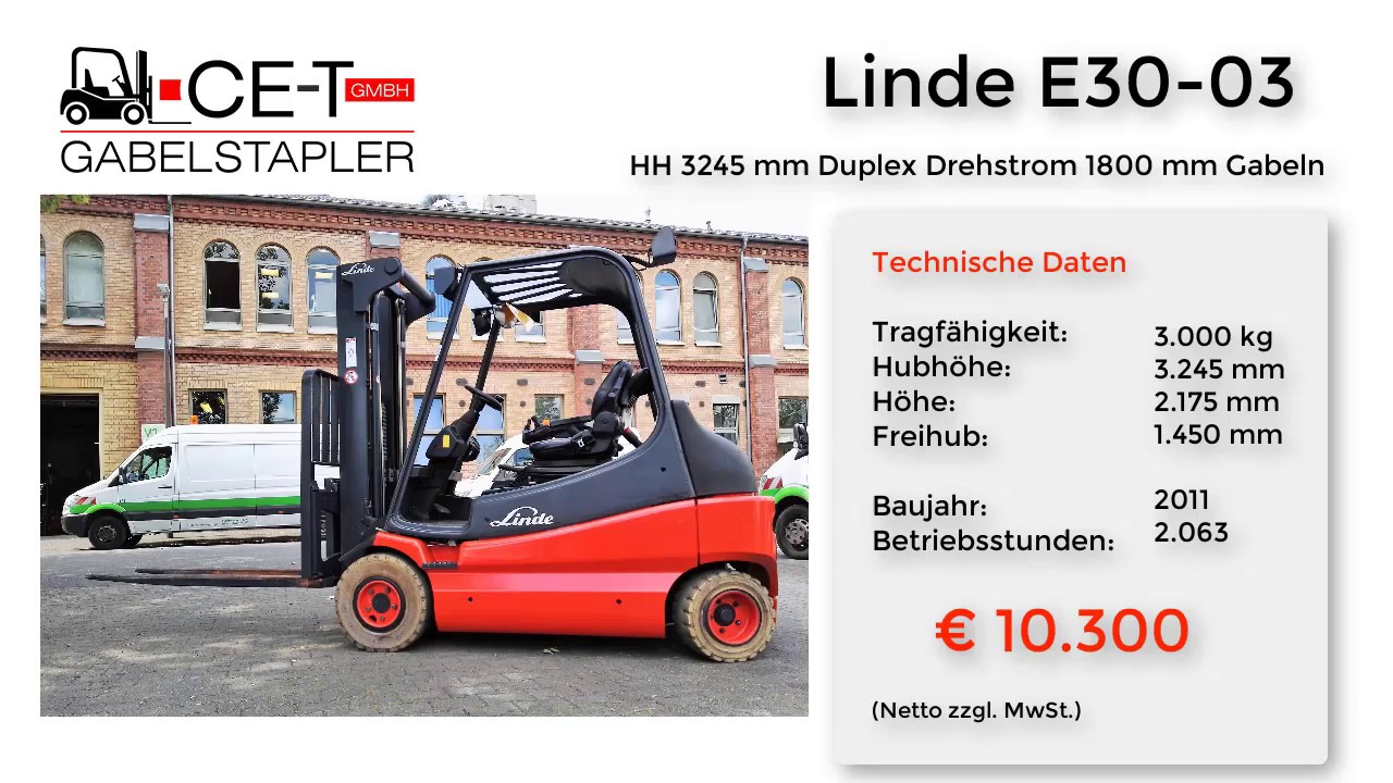 Linde E30-03// HH 3245 mm, Duplex, Drehstrom, 1800 mm Gabeln, Elektro 4 Rad, Frontstapler