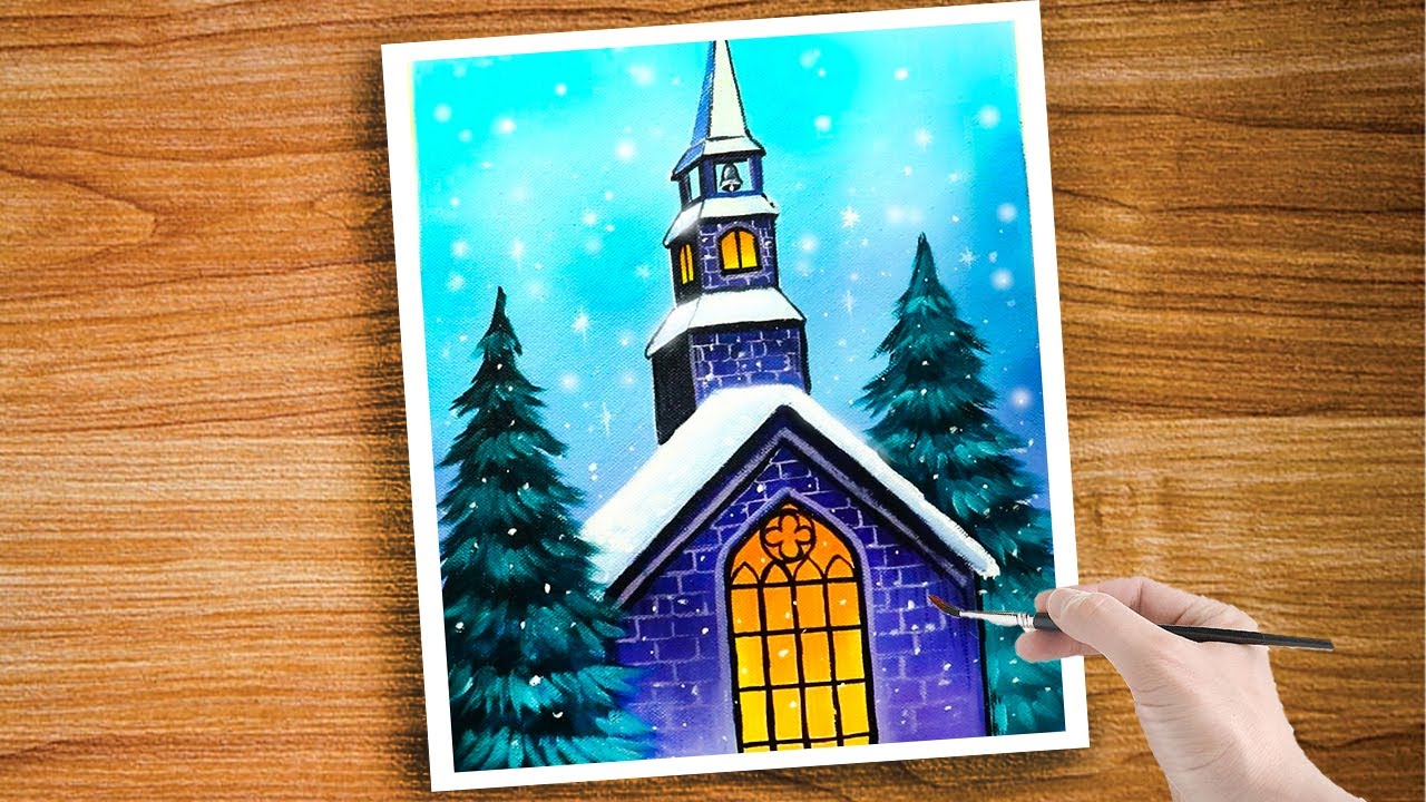 Snowy Church in the Woods / Acrylic Painting Tutorial for Beginners#278