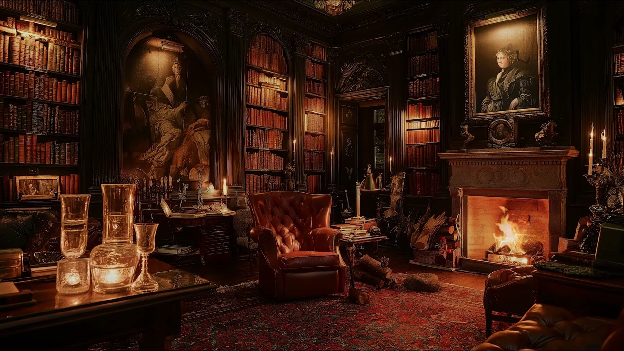 Cozy Library Fireplace Ambience with Soft Fire Crackles for Peaceful Reading and Study Time