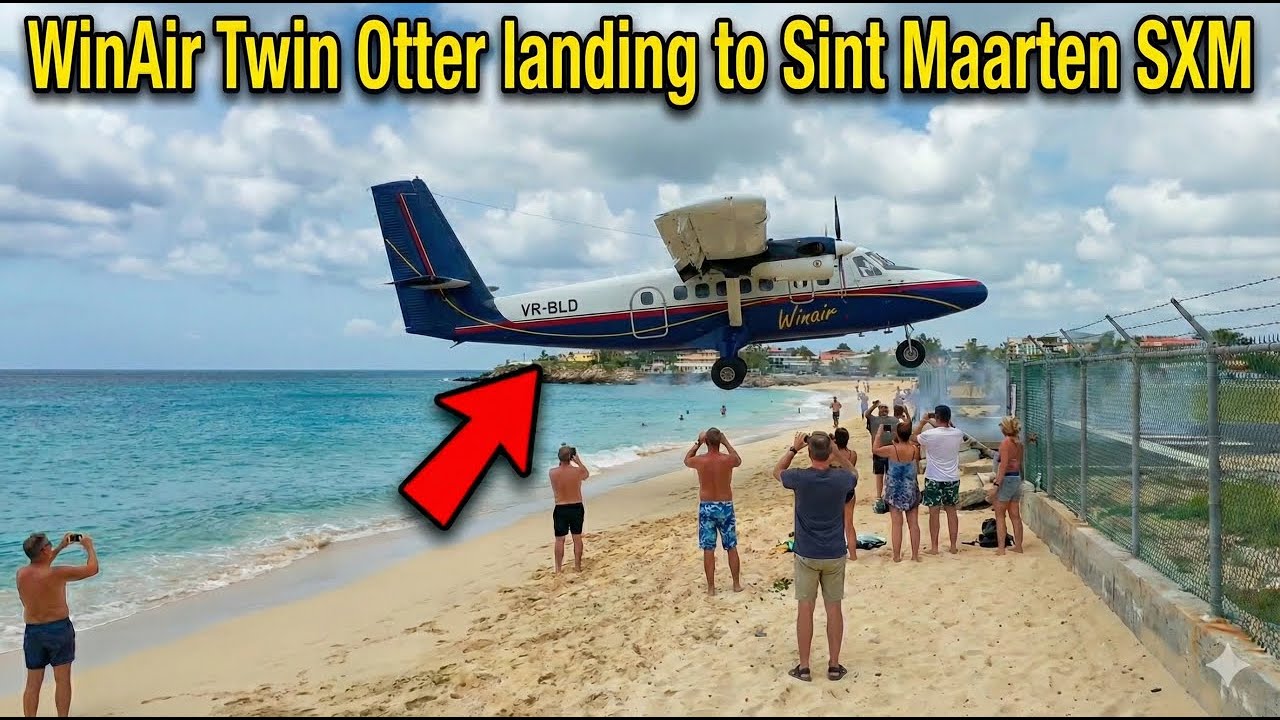 WinAir Twin Otter landing to SXM Sint Maarten airport. Flight from Saba to SXM.