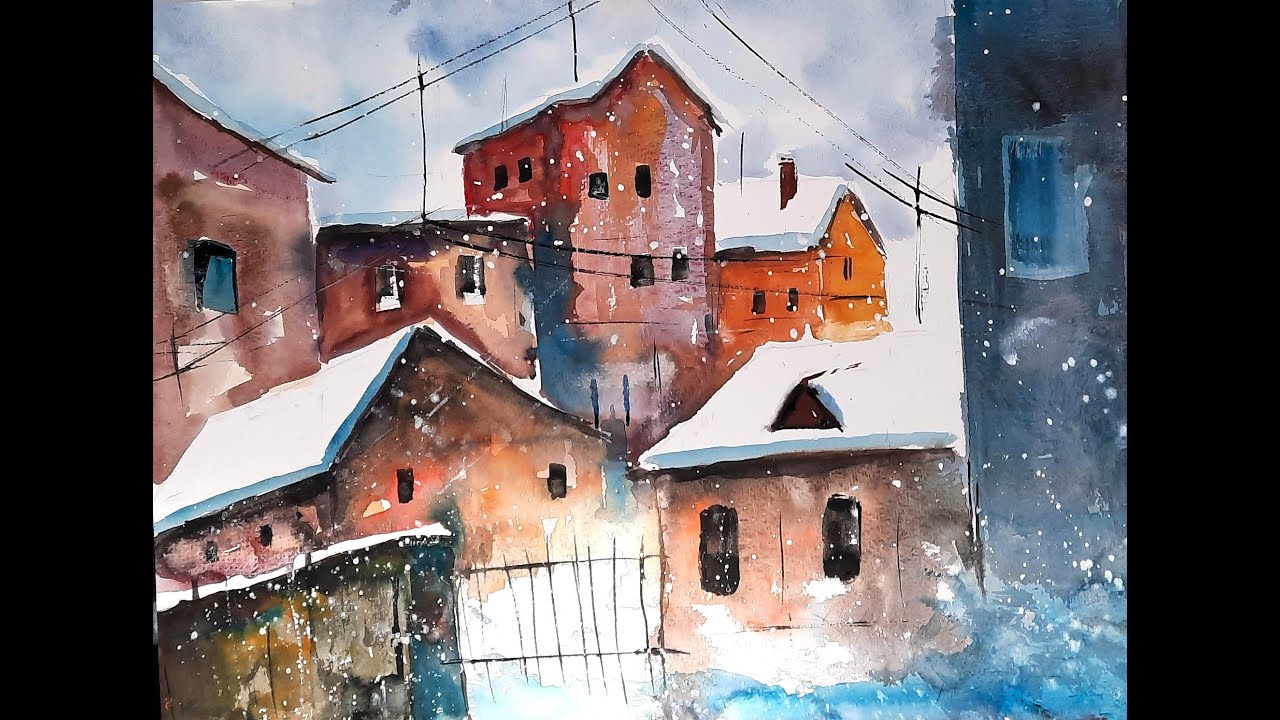 Aquarelltechnik Lernvideo; Dorf im Winterschlaf