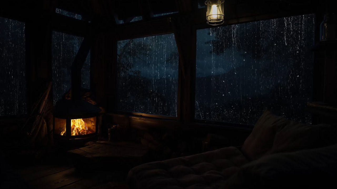 Cabin Ambience at Night | Rain & Fireplace Crackling for Sleeping