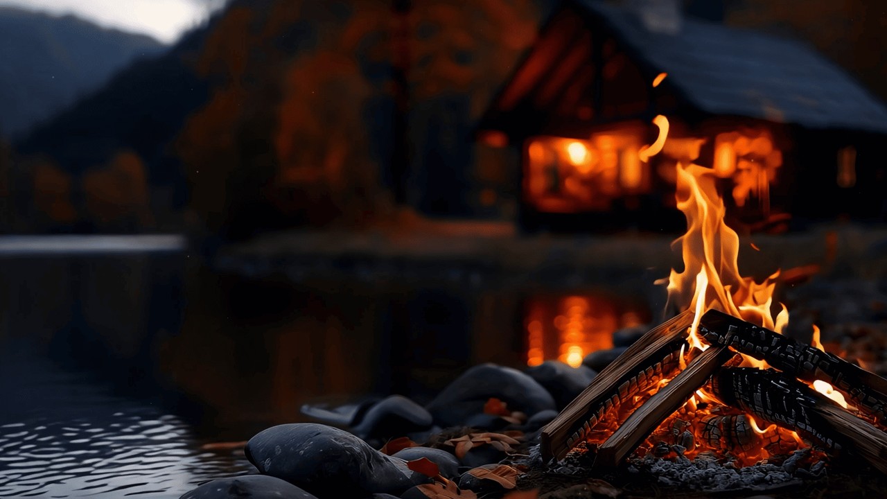 Peaceful Forest Cabin Night 🔥🌊 4K Fire & Water Sounds for Insomnia