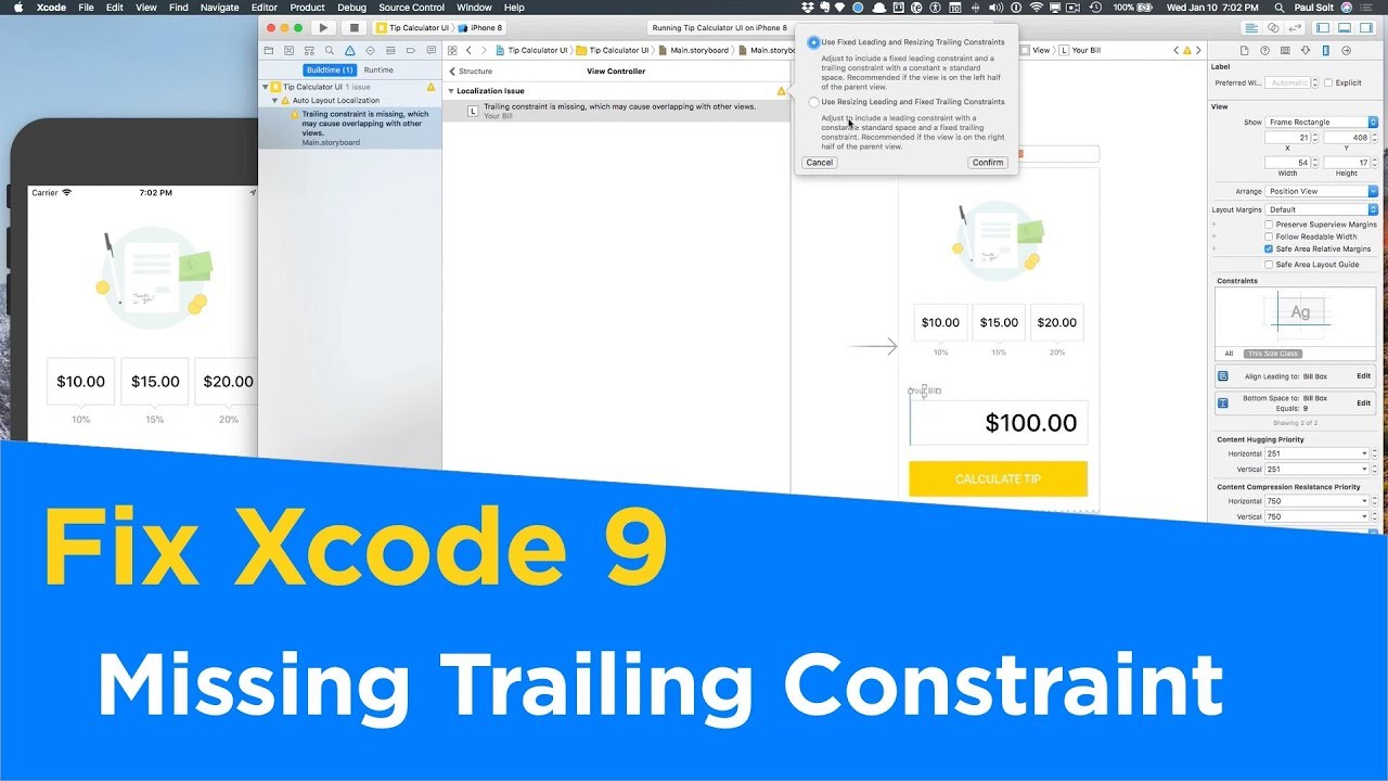 Fix the Auto Layout Localization Trailing Constraint Warning in Xcode 9