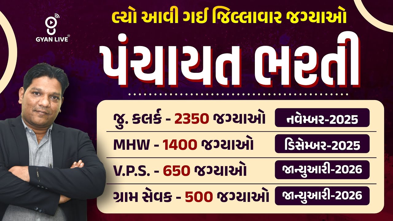 લ્યો આવી ગઈ જિલ્લાવાર જગ્યાઓ | પંચાયત ભરતી | જુ. કલર્ક | MHW | V.P.S. | ગ્રામ સેવક | LIVE@04:30PM