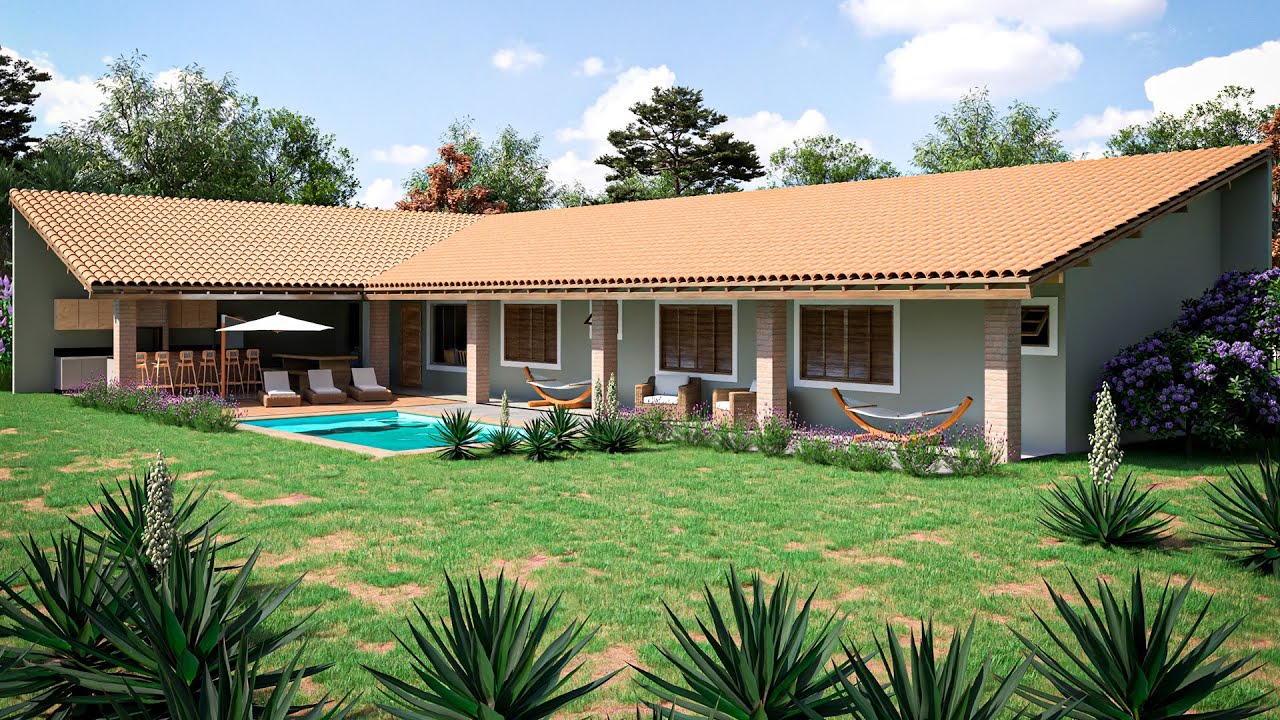 Casa de Campo em L - Projeto de Casa em L com 3 Quartos Incluindo 1 Su&iacute;te