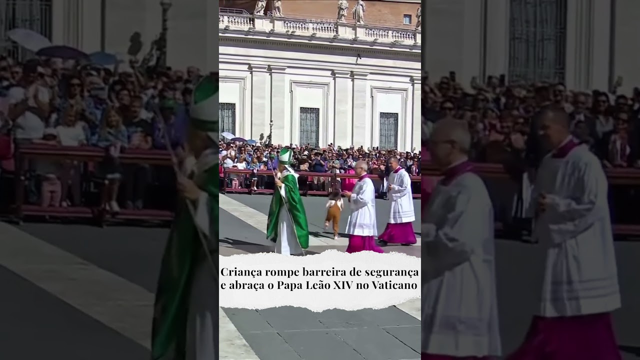 Crian&ccedil;a burla seguran&ccedil;a e abra&ccedil;a o Papa Le&atilde;o XIV no Vaticano
