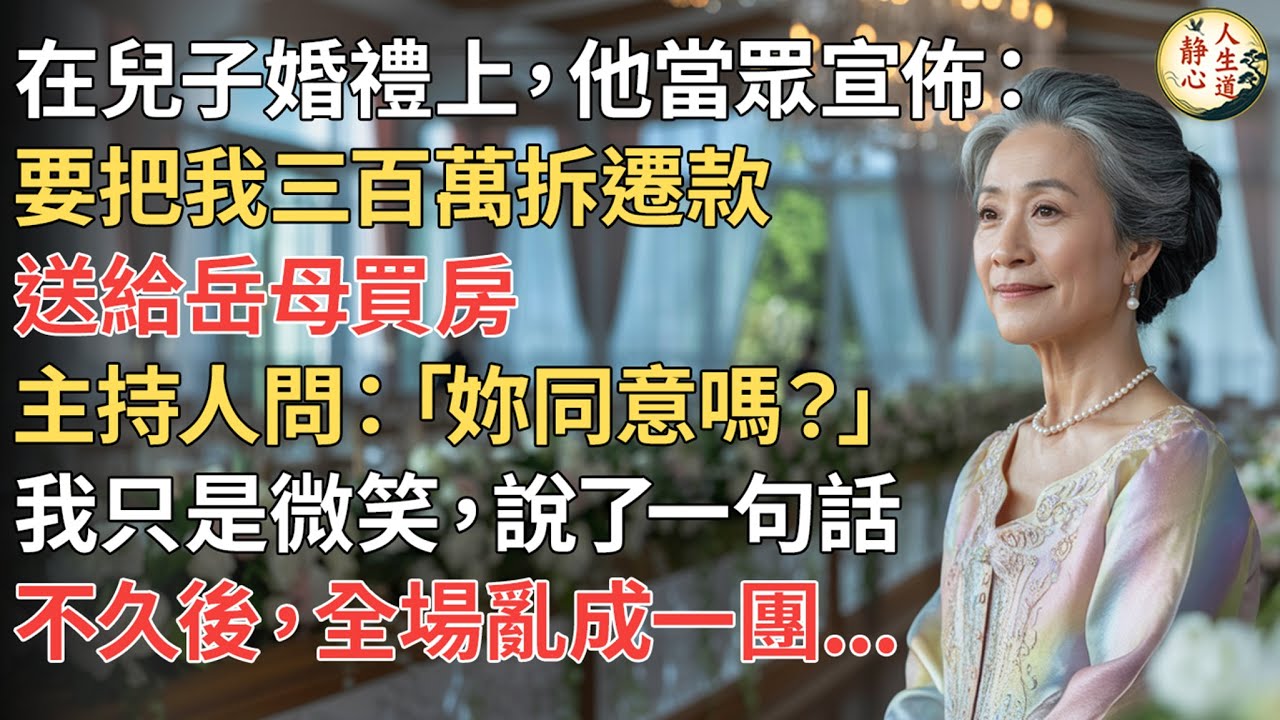 【我68歲】在兒子婚禮上，他當眾宣佈要把我三百萬拆遷款送給岳母買房。主持人問：「妳同意嗎？」我只是微笑，說了一句話，不久後，全場亂成一團。【靜心人生道】#靜心人生道
