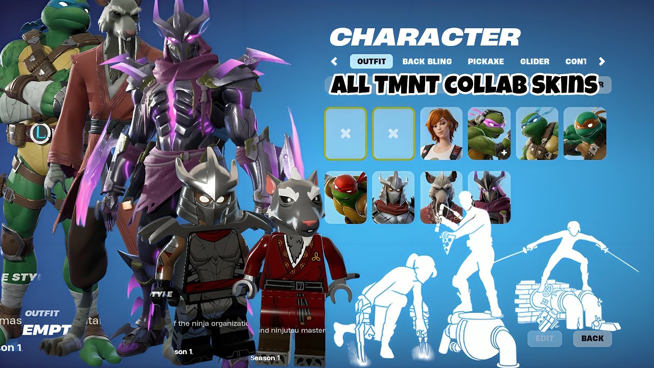 fortnite All TMNT Skins with Lego Styles & New Dances & Emotes Showcase!