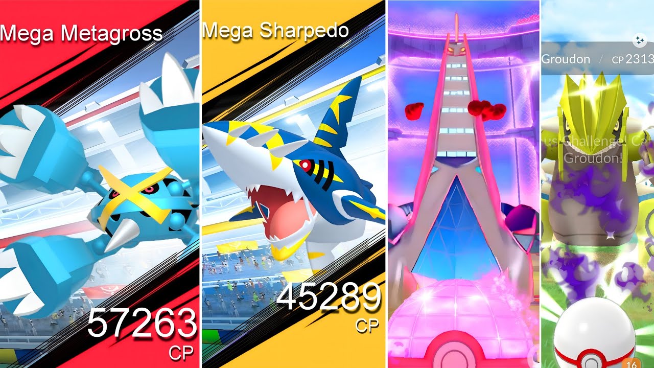 Mega Metagross, Mega Sharpedo, Dynamax Duraludon with Shiny Shadow Groudon in pokemon go.