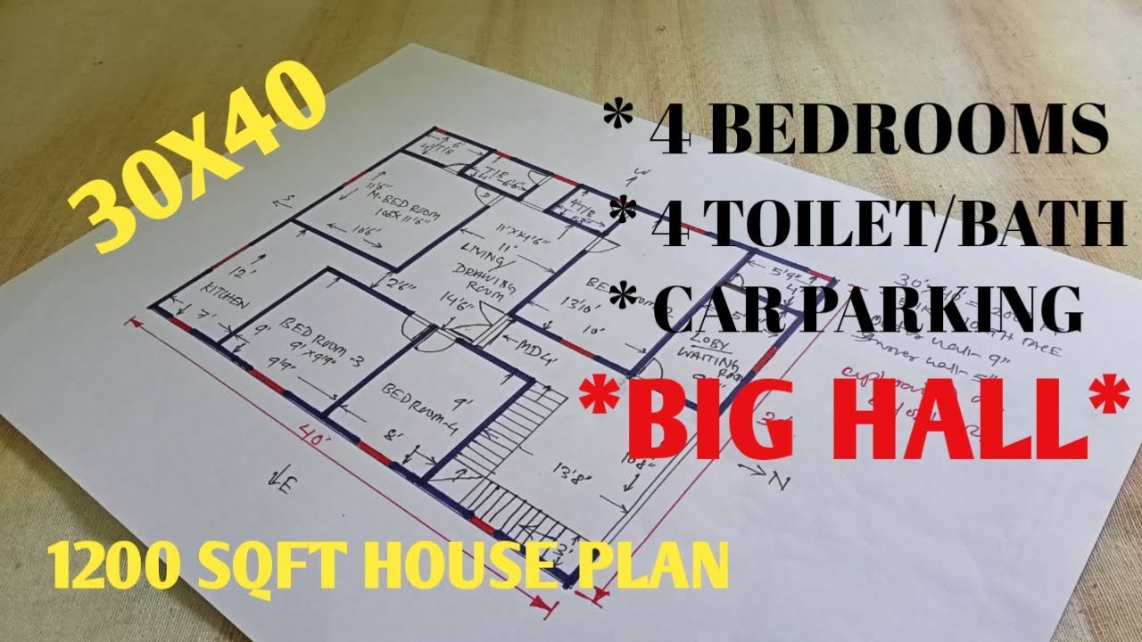 30x40 house plan, 1200 sqft house design, 4bhk with car parking & store, 1200 SQFT GHAR KA NAKSHA