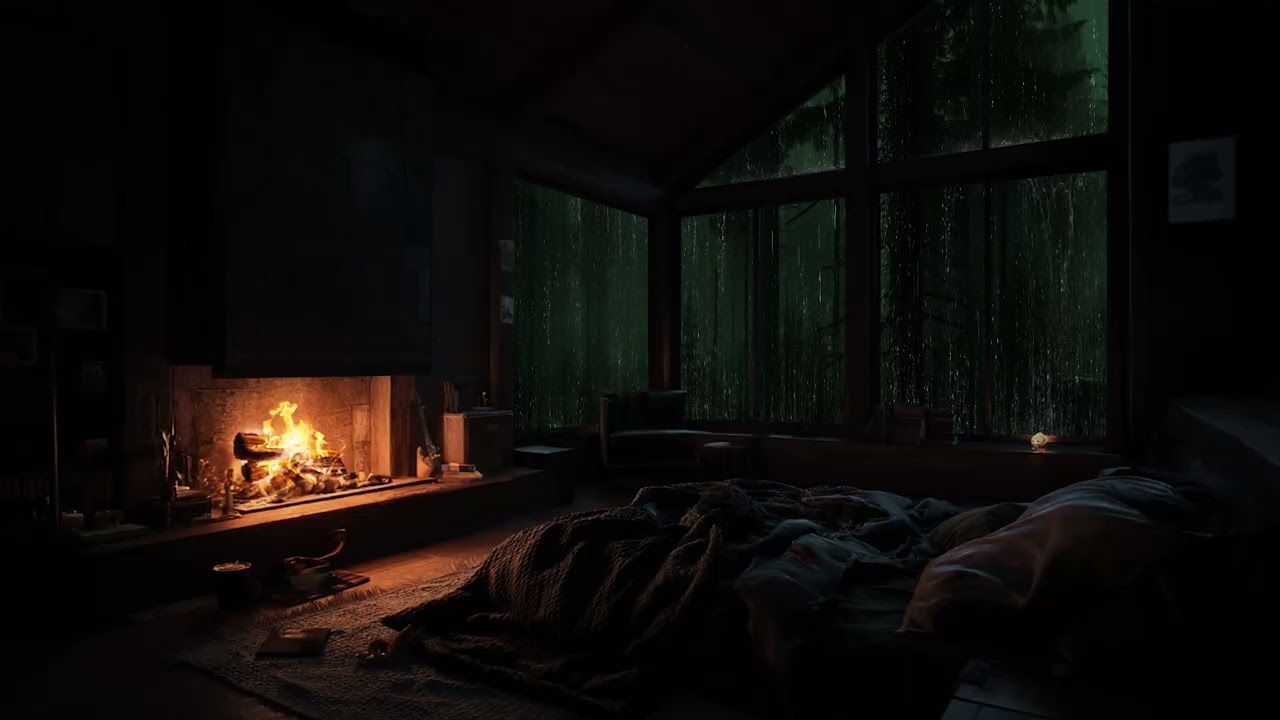 Soft rain surrounding a quiet forest cabin while a warm fire crackles gently inside