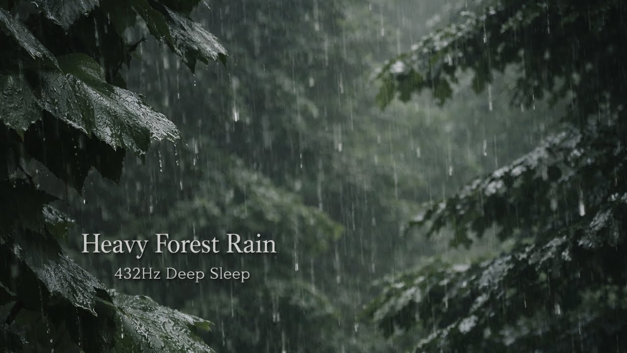 Heavy Rain in Dense Forest – Leaves, Wind & Soft Chimes | 432Hz Deep Sleep (8 Hours)