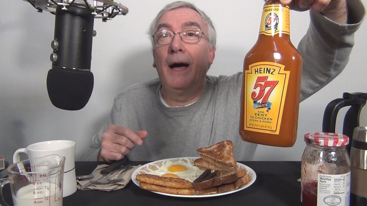 ASMR Eating Eggs Hash Browns Sausage Breakfast with Heinz 57