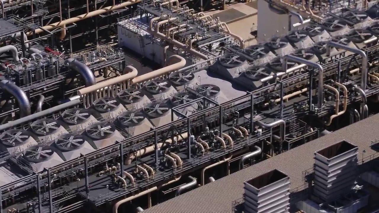 CLOSE UP AERIAL VIEWS of Santos GLNG - LNG Plant on Curtis Island - Gladstone Queensland