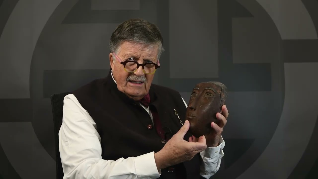 Lot 13 Egyptian Wooden Mummy Mask with Egyptian Blue Inlaid Eyebrows with Tim Wonnacott