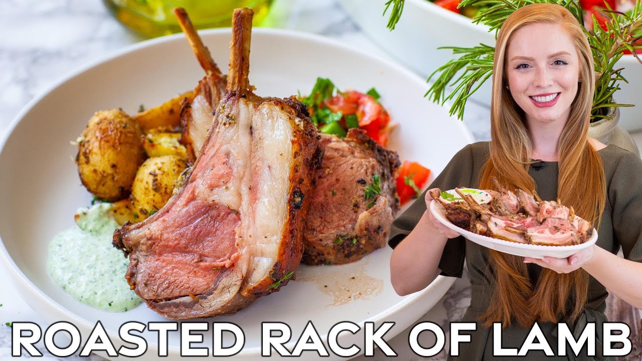 Garlic & Herb Roasted Rack of Lamb Dinner | with Tzatziki Sauce, Cucumber Tomato Salad & Potatoes