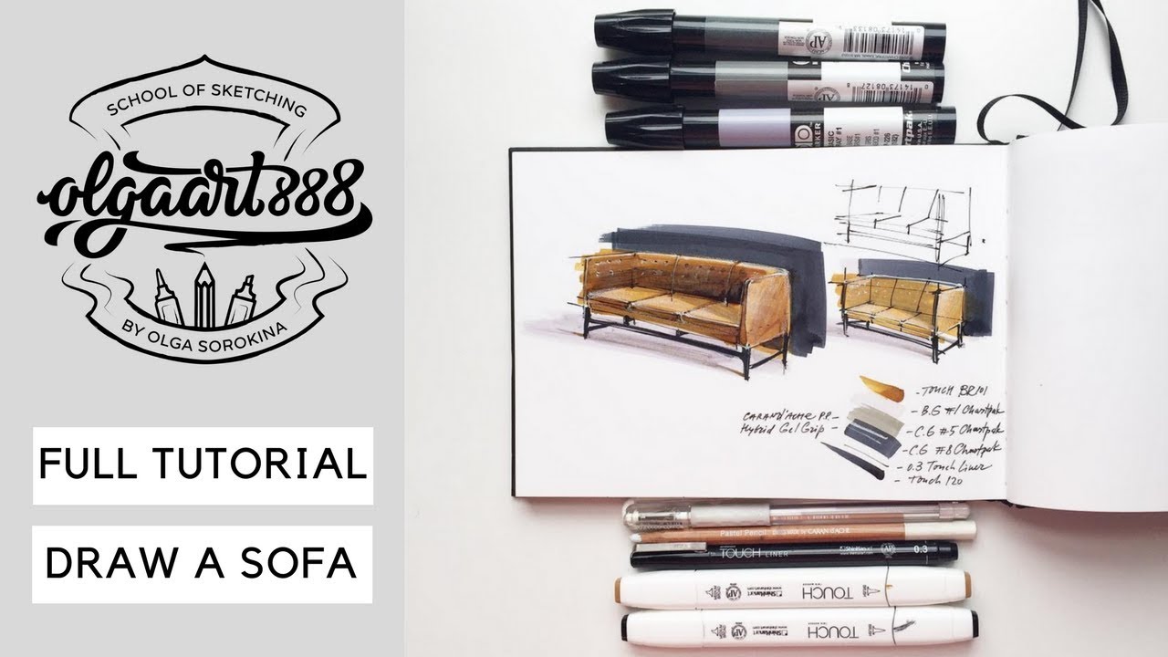 ✍🏼Full Tutorial: How to Draw a Sofa in 2-Point Perspective (Danish Design & Velvet Texture)
